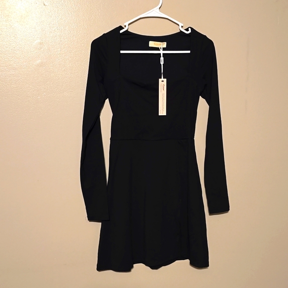 QINSEN OPEN SQUARE‎ NECK BODICE DRESS LONG SLEEVE BLACK WOMENS MEDIUM - Picture 1 of 6